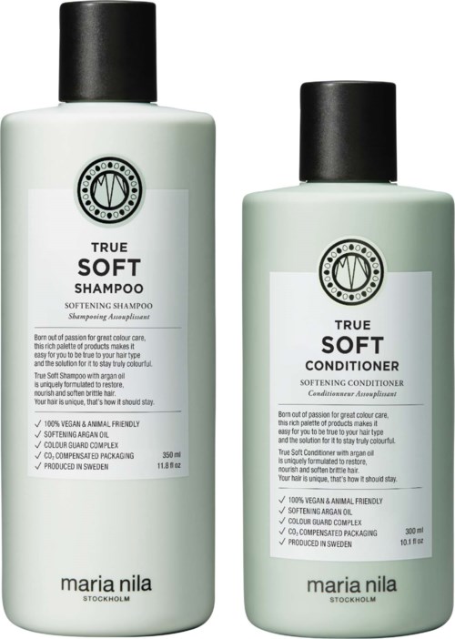 Two light green bottles labeled 'Soft Shampoo' and 'Soft Conditioner' from Maria Nila, with black caps and black text.