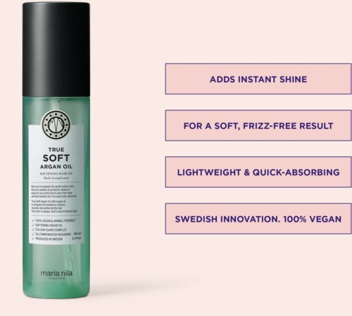 Een groene fles arganolie met vier paarse tekstvakken die voordelen opsommen: directe glans, zacht haar, lichtgewicht, veganistisch.
