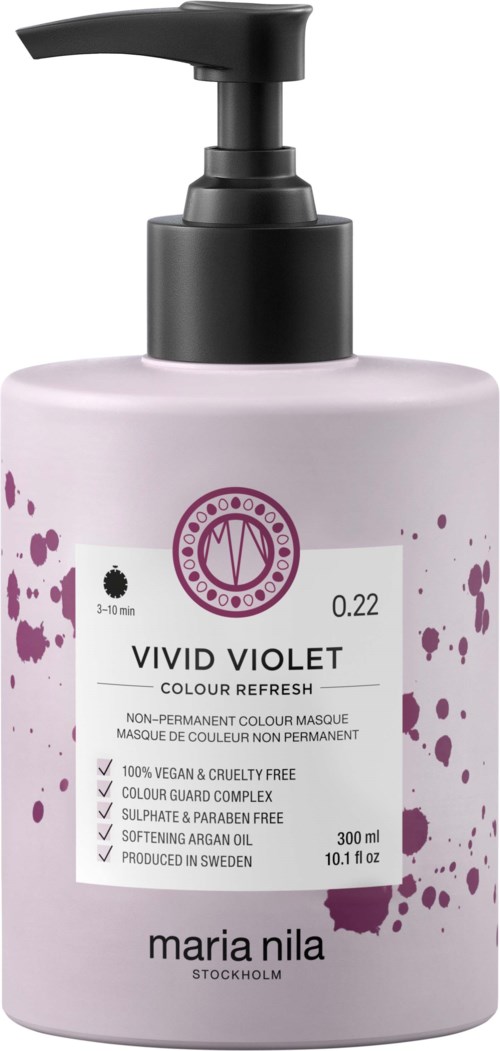 Flasche mit lebendiger Violett-Haarfarbe mit Pumpe, zeigt Marken- und Produktdetails, sowie vegan und cruelty-free.