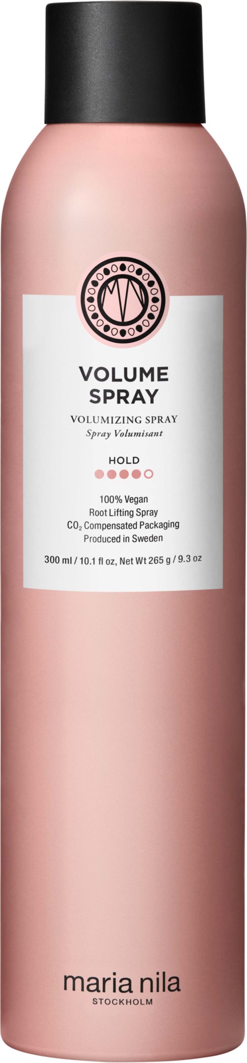 A pink bottle of volume spray with a black cap, labeled by Maria Nila, Stockholm, indicating it's vegan and for holding hair.