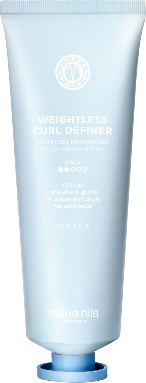 A light blue tube of hair product labeled 'Weightless Curl Definer' by Maria Nila, with a blue cap.