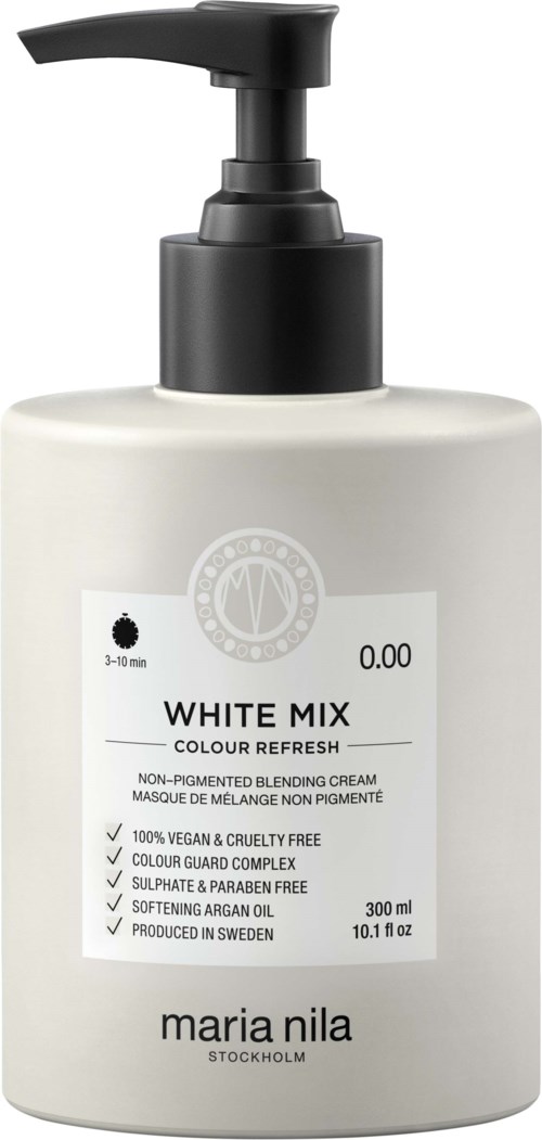 En vit flaska med en svart pump innehåller en vegansk, cruelty-free hårfärgningskräm som heter White Mix av Maria Nila.