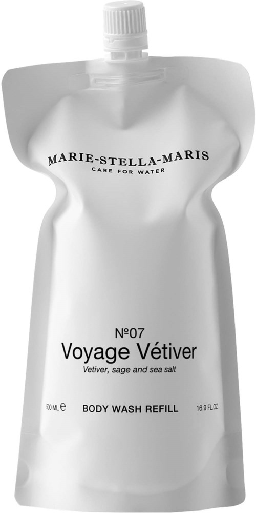 Ett silverpåfyllningspås för Marie Stella Maris kroppstvål med doft av havssalt, märkt Voyage Vetiver, 16,9 fl oz.