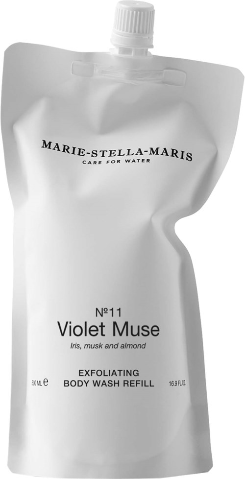 En vit refillpåse för kroppstvätt med skruvkork, märkt Marie-Stella-Maris Violet Muse, naturliga ingredienser.