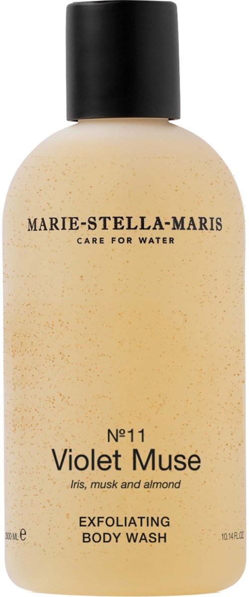 En beige flaska med svart lock, märkt Marie Stella Maris Violet Muse exfoliating body wash.
