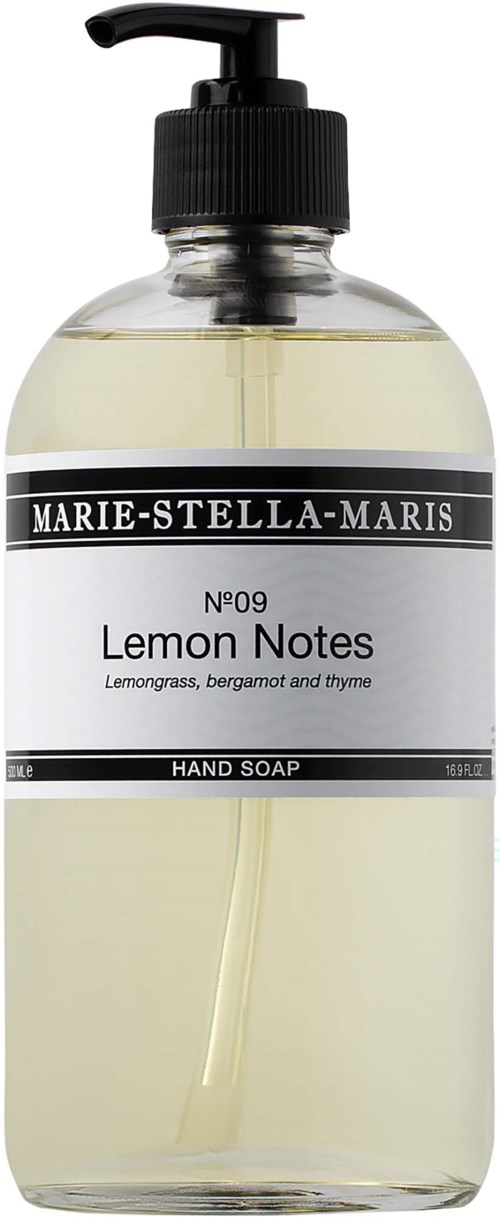 Handtvål med citrondoft i en genomskinlig flaska med svart pump. Etiketten säger Marie-Stella-Maris och Lemon Notes.