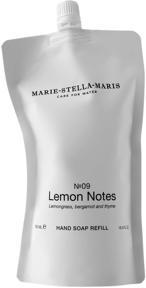 En påfyllnadsförpackning för handtvål som heter Lemon Notes med citron, bergamot och timjan doft. Märket är Marie-Stella-Maris.
