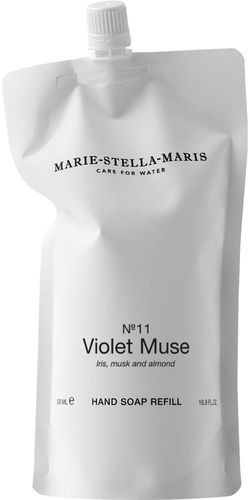 En vit påfyllningspåse för handtvål med vredlock, märkt Marie-Stella-Maris Violet Muse doft.