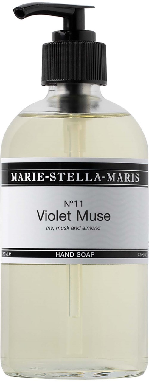 En tydlig flaska för handtvätt med svart pump och etikett som heter Marie-Stella-Maris Violet Muse.