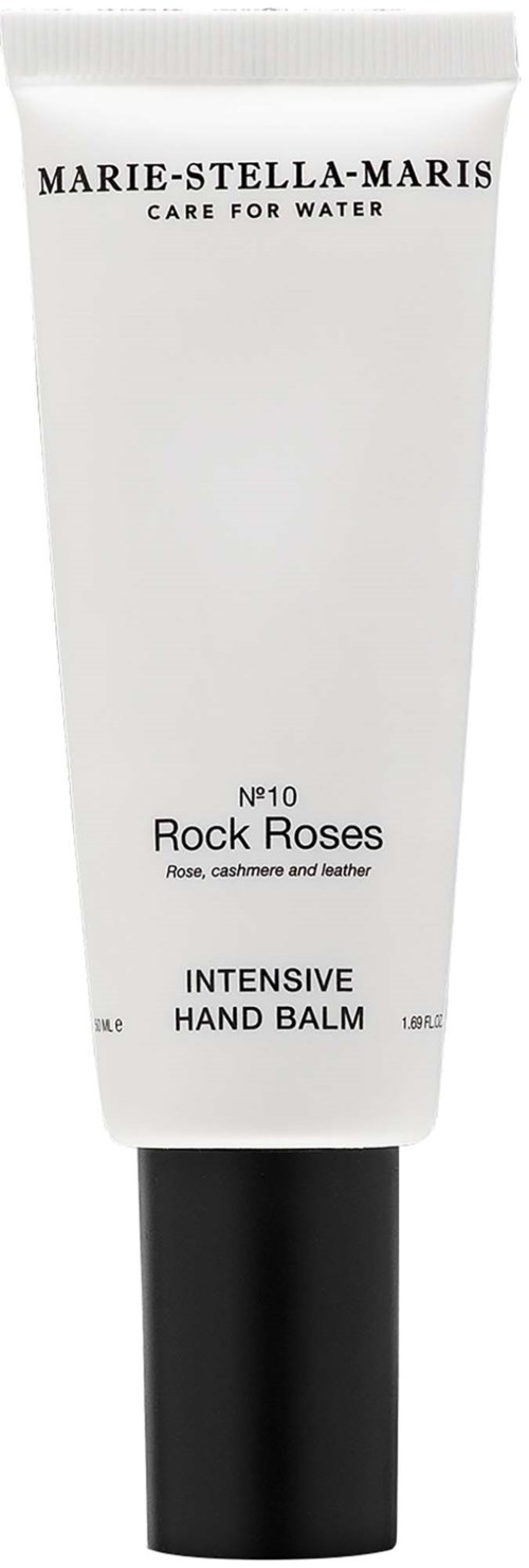 En vit tub märkt Marie-Stella-Maris Rock Roses intensiv handkräm med svart lock.