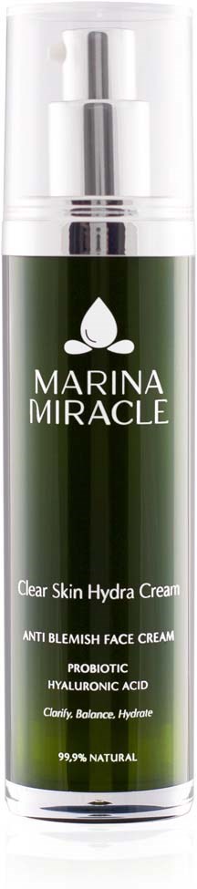 Eine grüne und weiße Flasche mit Pumpaufsatz von Marina Miracle Clear Skin Hydra Cream.