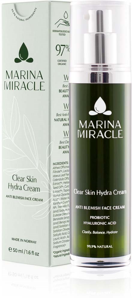 Flasche und Verpackung von Marina Miracle Clear Skin Hydra Cream in Grün und Weiß, fördert Hauthydration und gegen Hautunreinheiten.