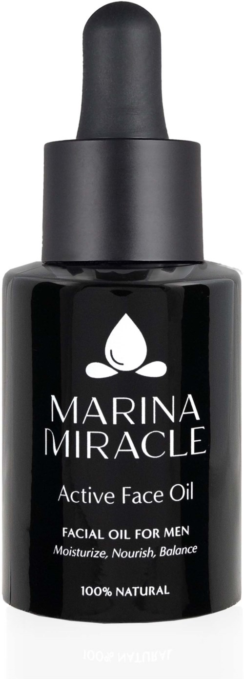 Eine schwarze Flasche mit Tropfer, bezeichnet Marina Miracle Active Face Oil für Männer, 100% natürlich.