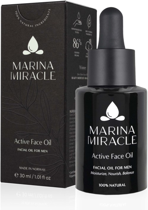 Eine schwarze Flasche mit Tropfer und eine Schachtel mit Marina Miracle-Logo und Produktdetails.