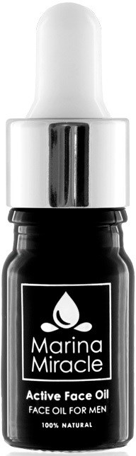 Kleine schwarze Flasche mit Tropferspitze, beschriftet 'Marina Miracle' und 'Active Face Oil for Men'.
