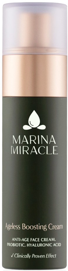 Eine lange Flasche mit schwarzem Etikett, goldenem Verschluss und weißem Text, beschriftet 'Marina Miracle Ageless Boosting Cream.'