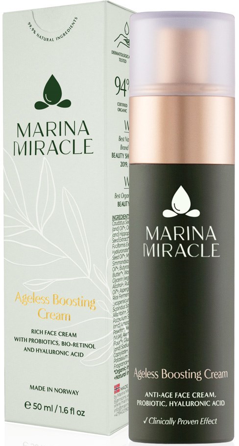Ein Hautpflegeprodukt namens Marina Miracle Ageless Boosting Cream, in einer schwarzen und roségoldfarbenen Flasche mit Box.