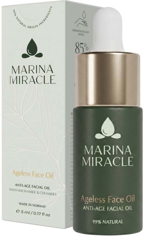 Marina Miracle Ageless Face Oil-flaske med hvit pipette og grønn etikett, ved siden av sin hvite emballasjeboks.