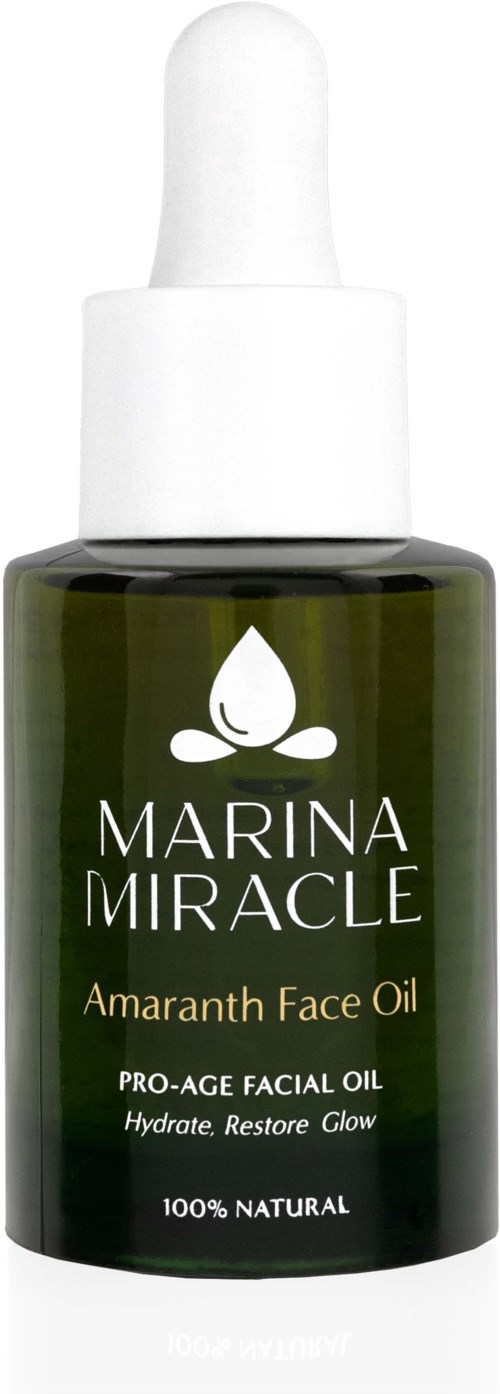 Dunkelgrüne Flasche mit weißer Pipette, beschriftet 'Marina Miracle Amaranth Face Oil,' natürlich und zur Hautpflege.