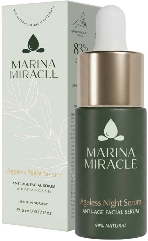 Grønn flaske og eske med Marina Miracle Ageless Night Serum med hvit pipettlokk og gulldetalj.