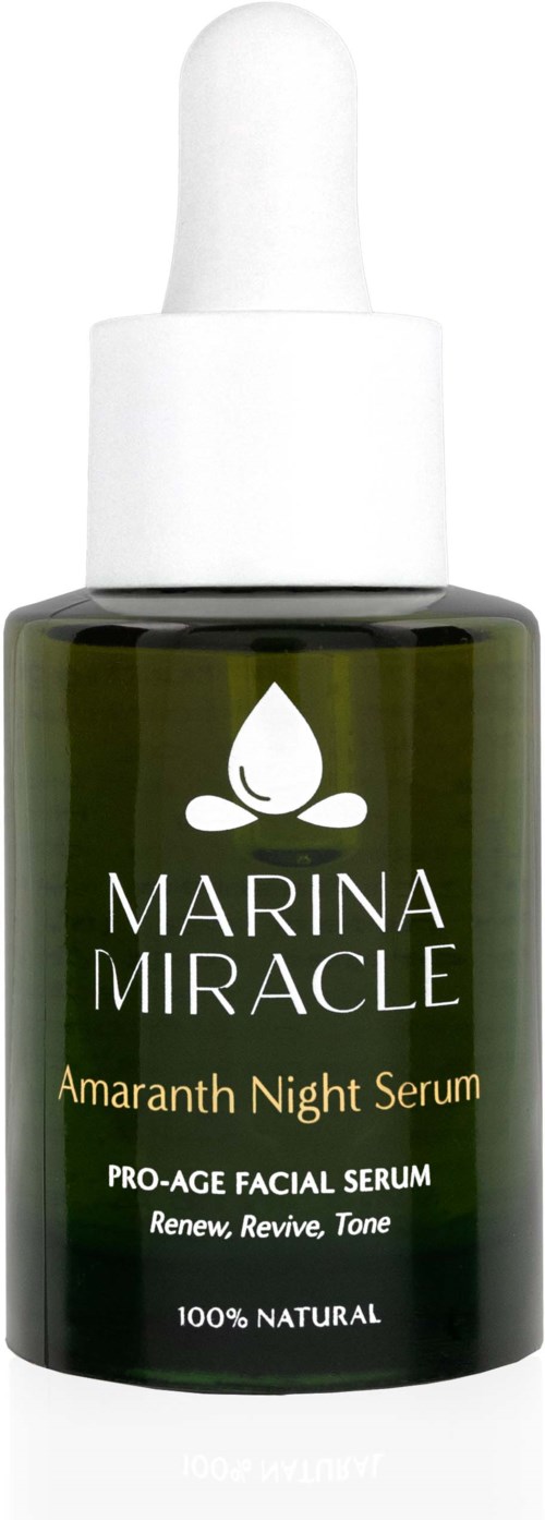 Grüne Flasche mit Wimpel-Logo, beschriftet 'Marina Miracle Amaranth Night Serum, Pro-Age Facial Serum, 100% Natural.'