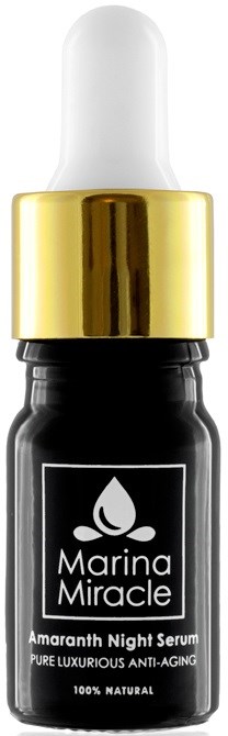 Kleine schwarze Flasche mit goldener Kappe und weißem Tropfer, beschriftet Marina Miracle Amaranth Night Serum.