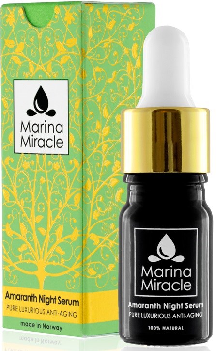 Das Bild zeigt eine grüne Schachtel und eine schwarze Flasche mit einer weißen Pipette, etiketti 'Marina Miracle Amaranth Night Serum,' hergestellt in Norwegen.