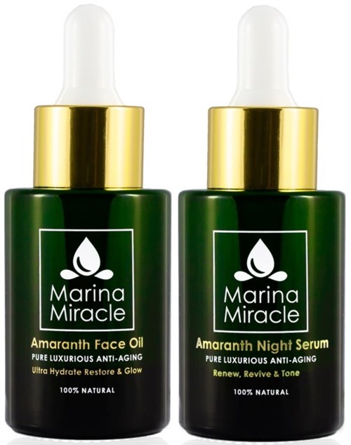 Zwei Flaschen Marina Miracle Hautpflegeprodukte: Gesichtsöl und Nachtserum, grüne Flaschen mit weißen und goldenen Etiketten.