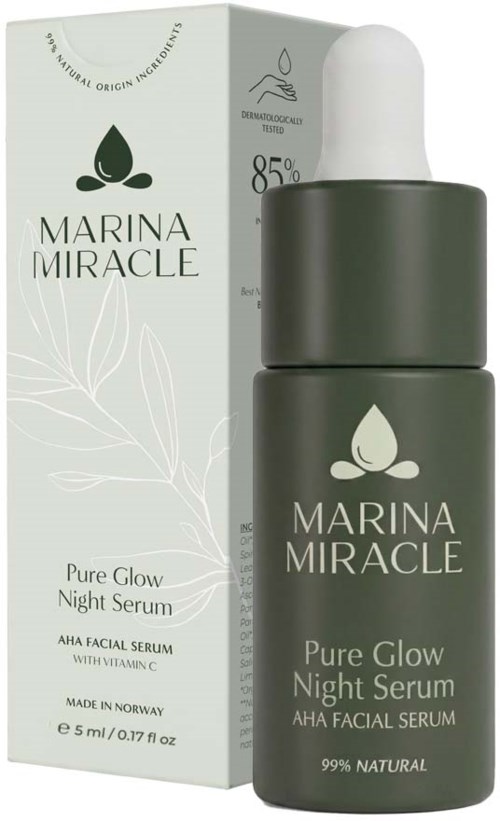 Marina Miracle Pure Glow Night Serum flaske og emballasje, mørkegrønn med hvit dråpelogo, hvit tekst og planteillustrasjon.