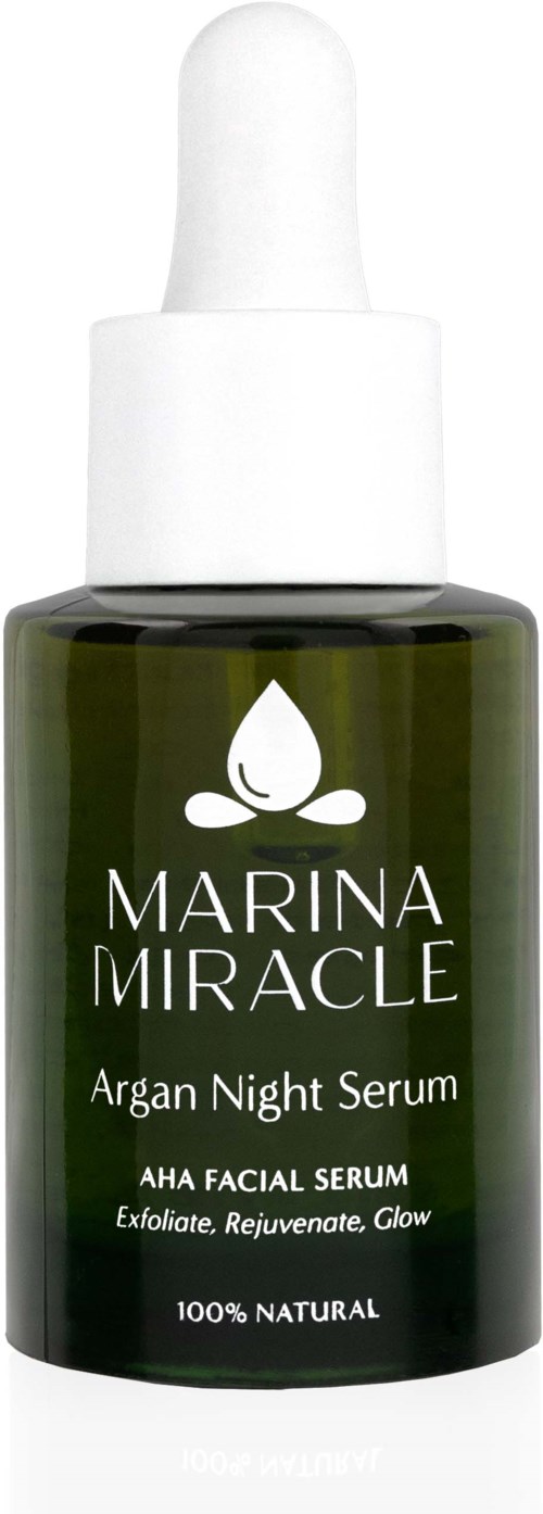 Dunkelgrüne Flasche mit weißem Tropfer, Beschriftung 'Marina Miracle' Argan Night Serum für das Gesicht.