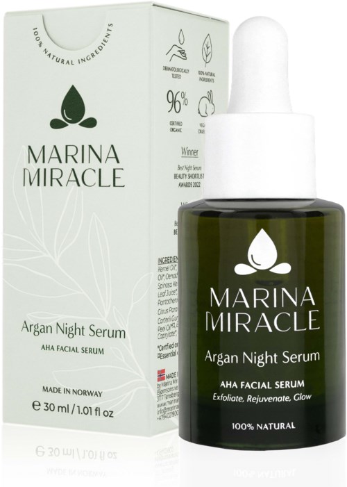 Eine dunkelgrüne Flasche Marina Miracle Argon Night Serum steht neben einer weißen Box, beide mit minimalistischen Etiketten.