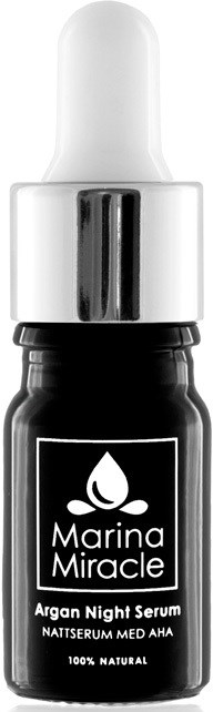 Kleine schwarze Flasche mit weißem Tropfen- und Blattlogo, Beschriftung 'Marina Miracle Argan Night Serum' mit Pipettenkopf.