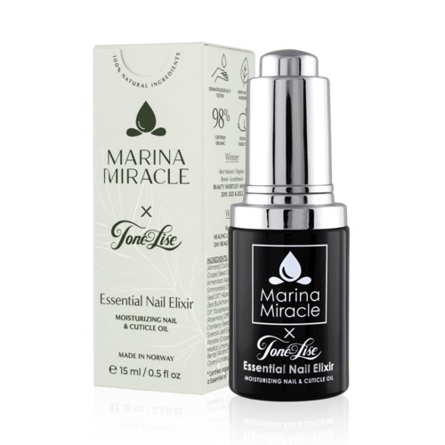 Eine schwarze Nagelölflasche mit silberner Kappe neben einer weißen Box, beschriftet 'Marina Miracle x Tone Lise, Essential Nail Elixir.'