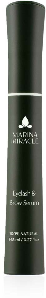 Schwarze zylindrische Flasche mit weißen Text für Wimpern- und Augenbrauenserum, namens Marina Miracle, natürliche Formel.