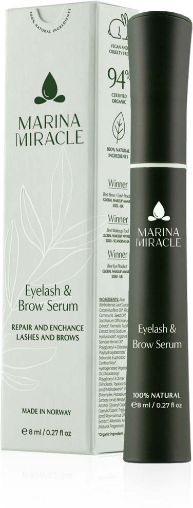 Eine schwarze Tube und eine weiße Box für Marina Miracle Wimpern- und Augenbrauenserum, betont natürliche Zutaten und Reparaturvorteile.