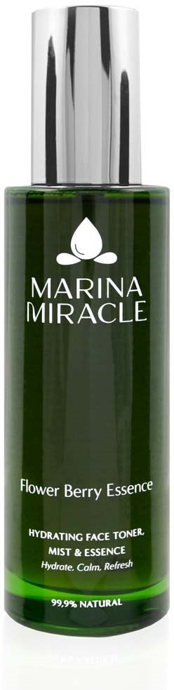Eine grüne zylindrische Flasche mit silbernem Deckel, beschriftet 'Marina Miracle Flower Berry Essence' für Hautfeuchtigkeit.