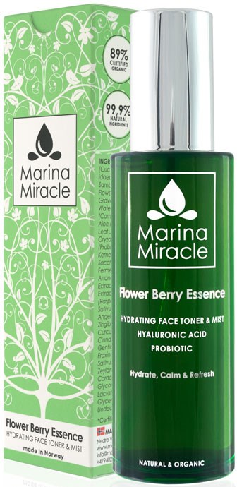 Grüne Flasche mit silberner Kappe und grüne Box mit weißen Mustern. Beide zeigen Marina Miracle-Logo und Produkthinweise.