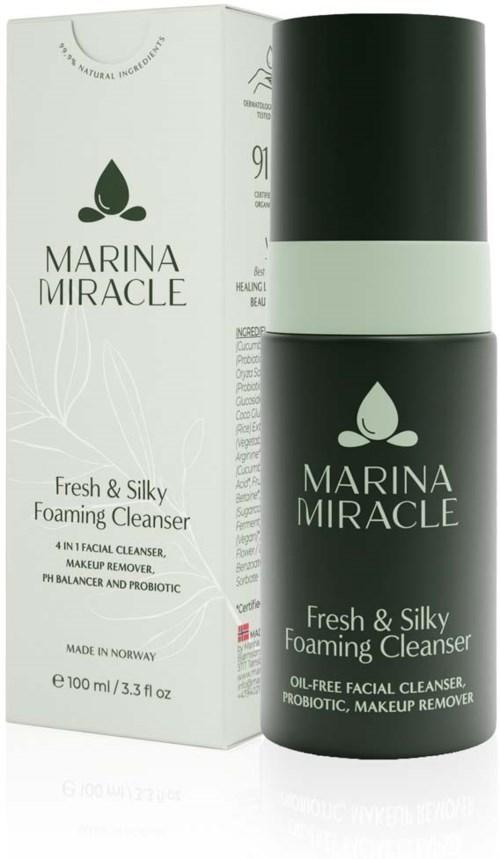 Eine Flasche und eine Verpackung von Marina Miracle Fresh & Silky Foaming Cleanser. Die Flasche ist schwarz mit einem grünen Streifen und Logo.