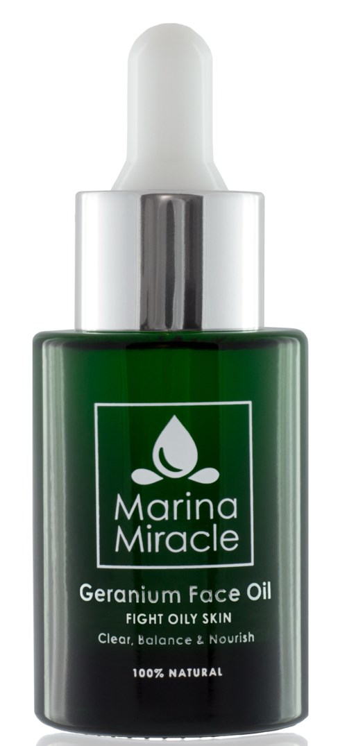Eine grüne Flasche mit Tropfer, beschriftet 'Marina Miracle Geranium Face Oil' für fettige Haut, natürlich, mit weißem Deckel.
