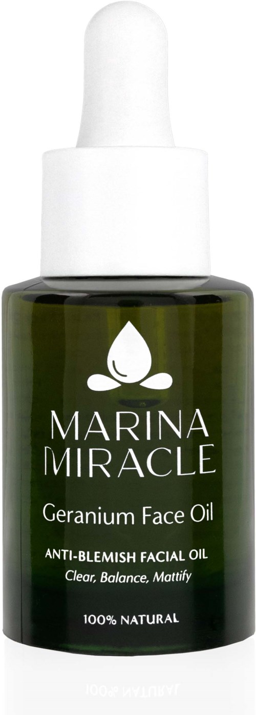 Grüne Flasche mit weißem Tropfer, Etikett sagt Marina Miracle Geranium Face Oil, natürlich, hilft die Haut zu reinigen, einige pinke und grüne Blumen.