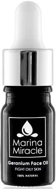 Kleine dunkle Flasche mit weißer Pipettenkappe, beschriftet 'Marina Miracle Geranium Face Oil, Fight Oily Skin, 100% Natural.'