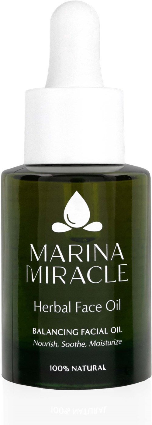 Eine dunkelgrüne Flasche mit Tropfer enthält Marina Miracle Herbal Face Oil, das für Balance, Pflege, Beruhigung und Feuchtigkeit sorgt.