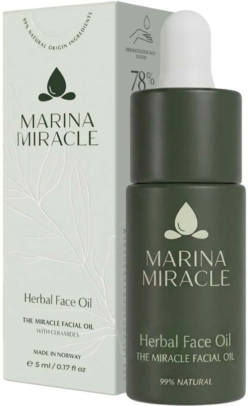 Urte ansiktsolje flaske og eske med Marine Miracle logo og produktdetaljer, 5 ml størrelse, naturlige ingredienser.