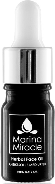 Kleine schwarze Flasche mit Aufschrift Marina Miracle Kräuter-Gesichtsöl, Tropfensymbol und weißem Tropferkopf.