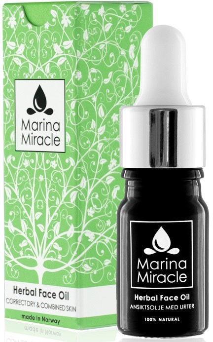 Grüne Schachtel mit weißen Spiralmustern und eine schwarze Flasche mit weißer Pipette, beschriftet 'Marina Miracle Herbal Face Oil.'