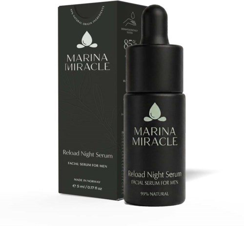 En mørk flaske og eske for Marina Miracle Reload Night Serum for menn, med pipette og minimalistisk design.