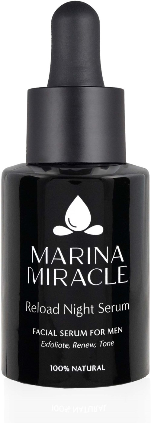 Eine schwarze Flasche mit Wassertropfen-Logo. Sie heißt Marina Miracle Reload Night Serum für Männer. Für Hauterneuerung.