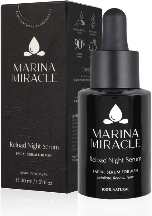 Eine schwarze Flasche mit Pipette und eine Verpackung zeigen Marina Miracle Reload Night Serum für Männer, hergestellt in Norwegen.