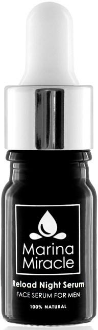 Eine kleine schwarze Flasche mit weißem Tropfen-Logo und Pipettenverschluss, beschriftet 'Marina Miracle Reload Night Serum for Men.'