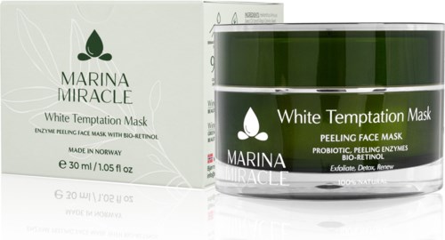 Marina Miracle White Temptation Mask und ihre Verpackung sind weiß und grün, versprechen Gesichtspeeling und Erneuerung.